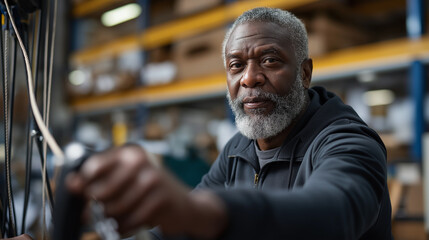 A mature African American man uses a hoist controller to lift paper stacks in a print shop warehouse cables taut shelves lined with materials the whir of the motor echoing