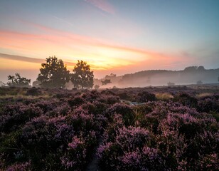 Misty sunrise over heather fields