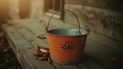 Rusty bucket of water on the wooden decking