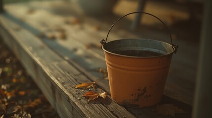 Rusty bucket of water on the wooden decking