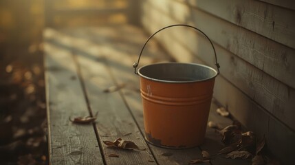 Rusty bucket of water on the wooden decking