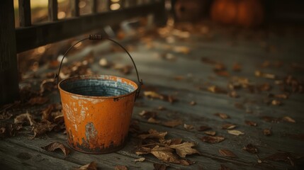 Rusty bucket of water on the wooden decking