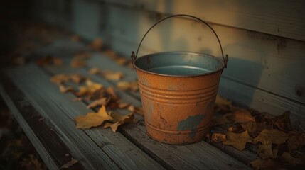 Rusty bucket of water on the wooden decking