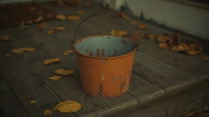 Rusty bucket of water on the wooden decking