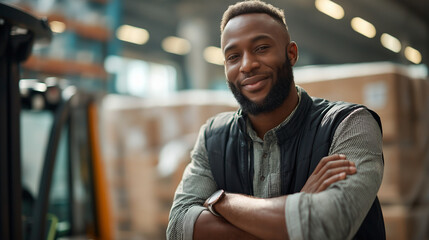 Obraz premium An African American print shop warehouse worker poses with a pallet jack ample space around for text his pose relaxed stacks of materials behind fluorescent lights casting shad