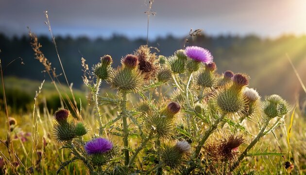 Blooming Herbaceous Plants With Thistle Like Flowers