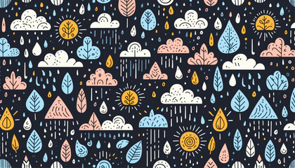 vector seamless pattern with hand drawn rain drops, clouds and sun