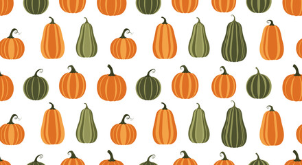 A seamless pattern of autumn harvest pumpkins and gourds in various sizes and shapes