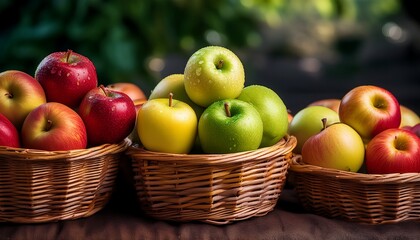 Baskets Hold Fresh Green Yellow And Red Apples Close Together