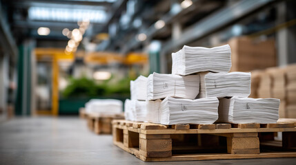 Empty print shop interior with piles of white paper sheets bundled and stacked wooden pallets underneath conveyor belts idle the air still with the scent of cellulose print sho