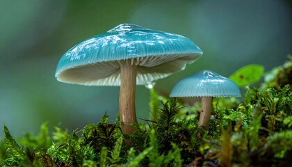 Two delicate, light teal-blue mushrooms,  with pale beige stems,  emerge from a bed of lush green moss.  Soft focus in the background