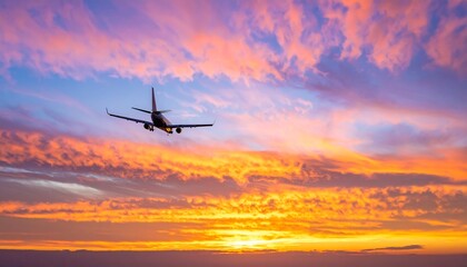 Obraz premium Airplane Silhouette Against a Vibrant Sunset Sky - A Journey Through Color.