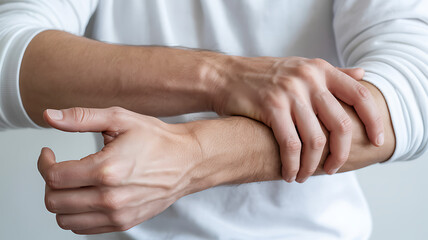 Fototapeta premium Man holding his wrist in pain isolated on white background, suffering from carpal tunnel syndrome or arthritis medical technology