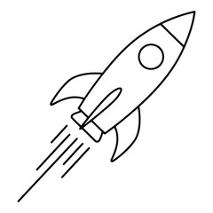 Vector art of a simple black and white line drawing of a rocket ship blasting off into space