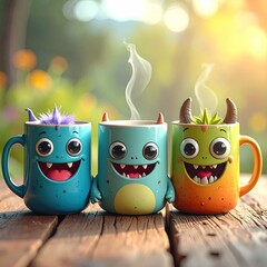 Three cartoon monster mugs with steaming hot drinks, positioned on a rustic wooden surface against a bokeh background of out-of-focus plants and sunlight