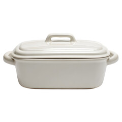 A classic white oval cast iron dutch oven with lid and handles isolated on transparent background for culinary and kitchen use