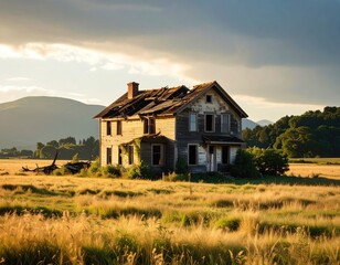 Abandoned farmhouse in golden field at sunset