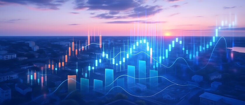 Big data chart on city backdrop.Trade technology, and investment analysis.Business development, financial plan and strategy.Analysis finance graph and market chart investment..