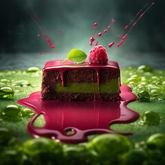 Delicious chocolate cake with raspberry glaze garnished with fresh mint a sweet treat for dessert menus and culinary presentations