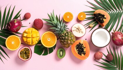 Colorful tropical fruit arrangement on pink