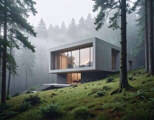 Modern concrete house nestled in misty forest