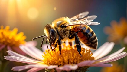 Honeybee on flower in sunlight