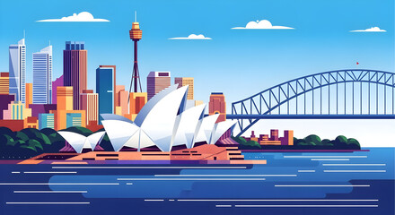 Fototapeta premium Vector illustration of Sydney skyline with Opera House and Harbour Bridge on sunny day, flat colorful travel concept