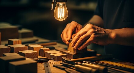Woodworker crafting with tools in workshop under warm light bulb