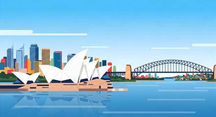 Obraz premium Vector illustration of Sydney skyline with Opera House and Harbour Bridge on sunny day, flat colorful travel concept