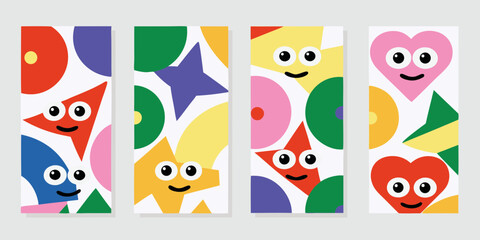 Set of four vertical banners featuring cute geometric shapes with happy faces and vibrant colors