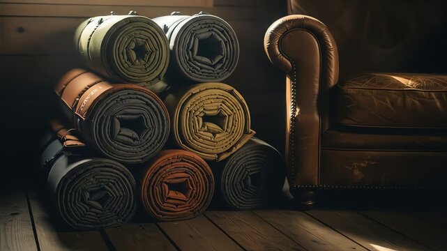 General People & Lifestyle Rolled-up yoga mats stacked beside a cozy sofa in dim lighting