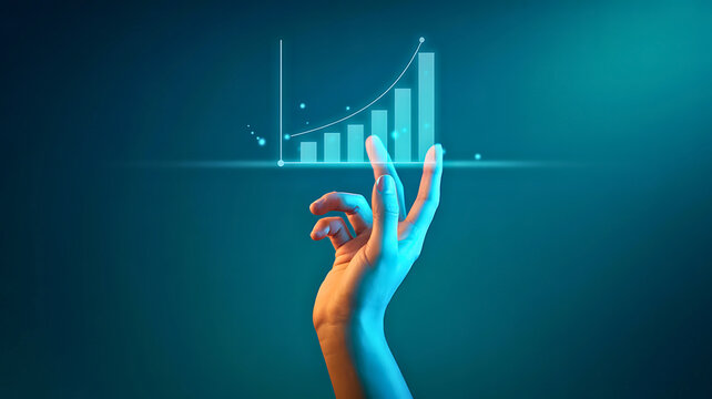 A futuristic concept of business growth and financial success, with a hand interacting with a glowing digital bar chart representing data analytics and investment returns
