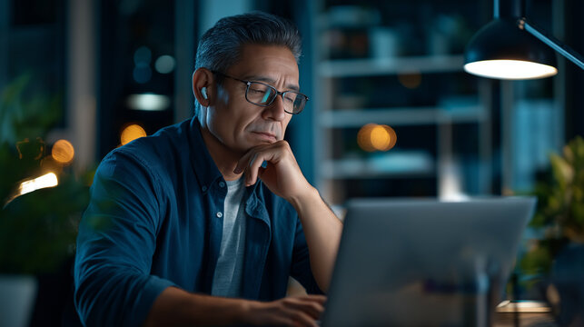 A middle aged South Asian man sits at a desk working on a laptop wearing eyeglasses and wireless earphones his chin resting on his hand screen glowing with data modern office