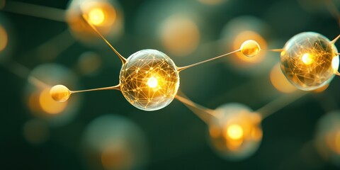 An abstract representation of interconnected glowing spheres, symbolizing the concept of atoms or molecules in a scientific context.