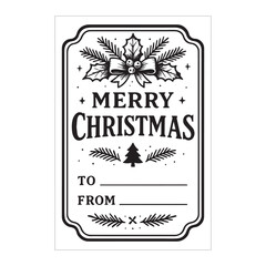Merry Christmas Label Design"Vintage Black and White Merry Christmas Gift Tag with Present and Ornaments"