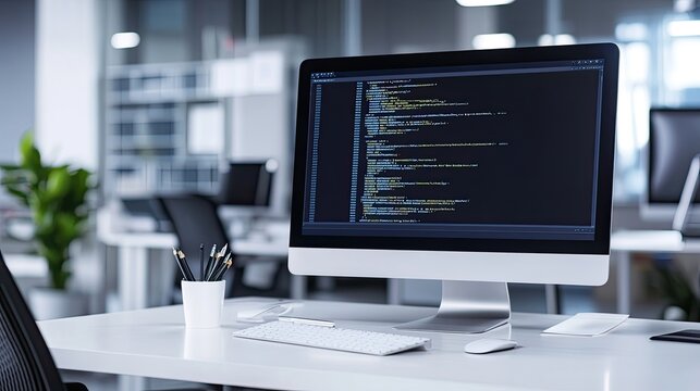 Computer code on monitor in modern office