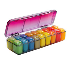 Colorful gradient pill organizer with compartments for daily medication management
