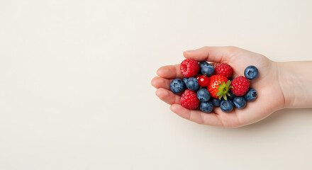 Child's hand holding fresh blueberries, raspberries, and strawberries; healthy eating concept; minimalist, bright background.