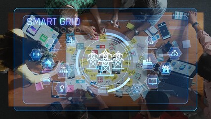 A diverse group of professionals collaborates around a table, analyzing smart grid concepts illustrated with technology symbols, showcasing innovative work. Raster