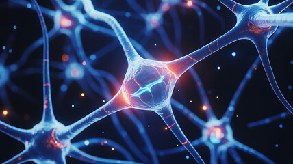Illustration of nerve cells transmitting signals in the brain, representing neural network medical technology