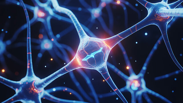 Illustration of nerve cells transmitting signals in the brain, representing neural network medical technology