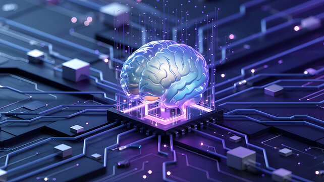 Artificial intelligence brain on a microchip with glowing lights and futuristic technology medical technology
