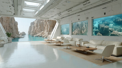 Contemporary lounge with minimalist furniture and panoramic glass windows.