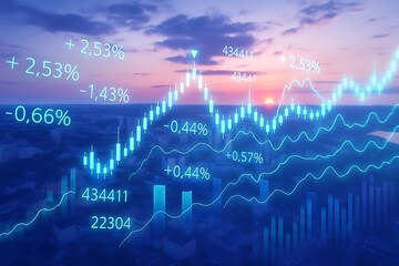 Big data chart on city backdrop.Trade technology, and investment analysis.Business development, financial plan and strategy.Analysis finance graph and market chart investment..