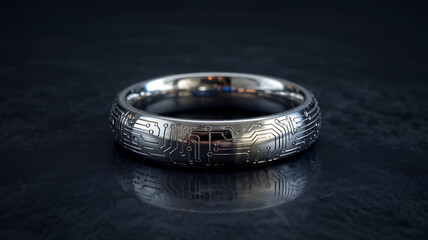 Closeup of a silver ring with intricate circuit board pattern, reflecting light on a dark surface medical technology