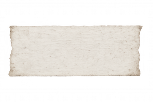 Rectangular torn beige paper piece, stained surface creating empty space against transparent backdrop