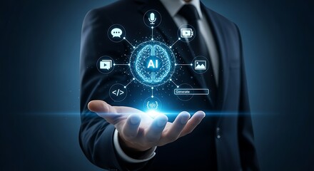 Businessman Presenting Artificial Intelligence Brain and Technology Concept