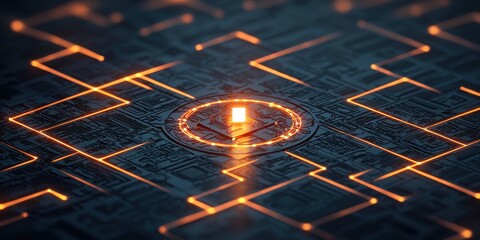A glowing circuit design with a central illuminated square, resembling a digital maze or pathway, showcasing technology and innovation.