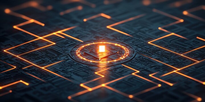 A glowing circuit design with a central illuminated square, resembling a digital maze or pathway, showcasing technology and innovation. - Powered by Adobe