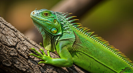 Fototapeta premium Close-up portrait of vibrant green iguana resting on textured bark with shallow depth of field